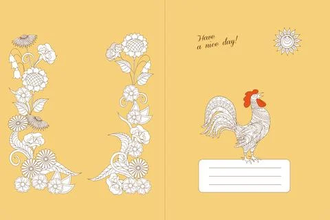 Design notebook with floral boho pattern and rooster Stock Illustration