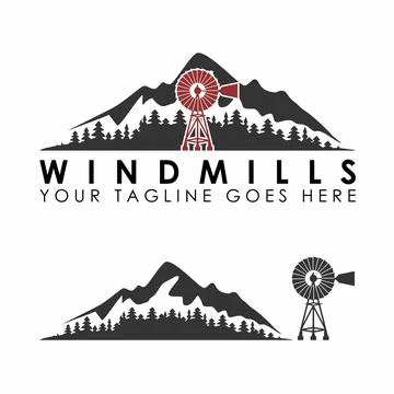 Design or vector shape of mountains and windmills Stock Illustration