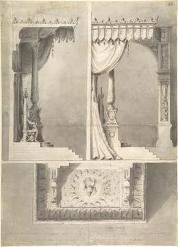 Design for a Papal Throne with Elevations and Sketch of Baldacchino Interio.. Stock Illustration
