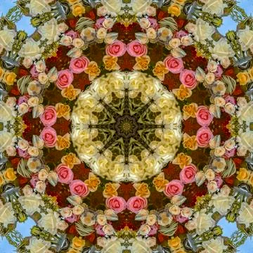 Design pattern made from pink yellow white orange roses at wedding 写真素材