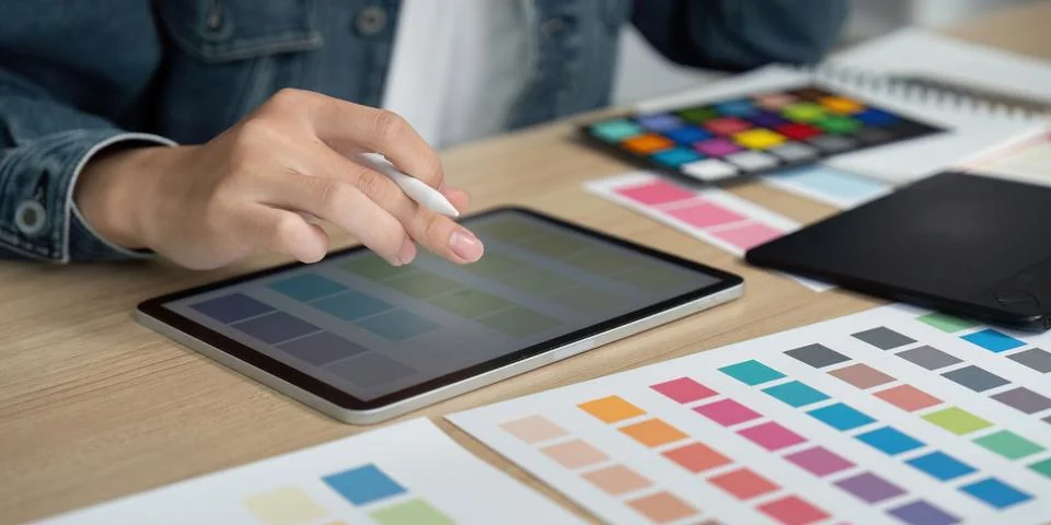 Design Process. Creative designer using tablet for color selection and digital Stock Photos