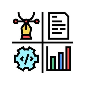 Design, programming, content manager and analytics job color icon vector illu Stock Illustration