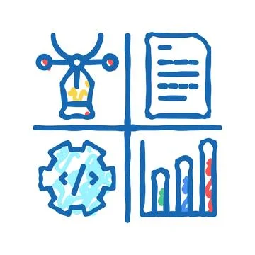 Design, programming, content manager and analytics job icon doodle illustrati Stock Illustration