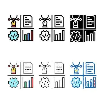 Design, programming, content manager and analytics job range color icon vecto Illustrazione stock