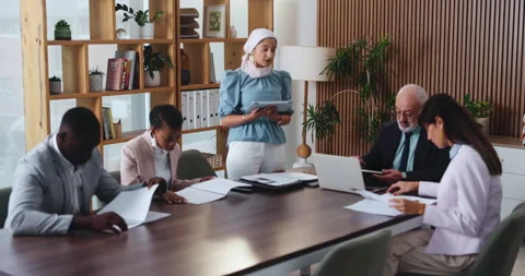 Design, proposal and tablet with business woman in office boardroom for meeting Stock Footage 329822594