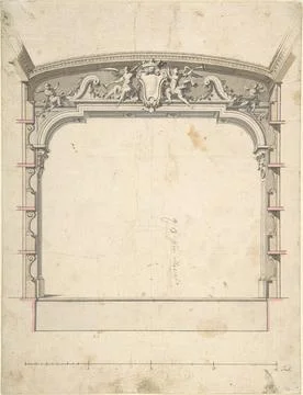 Design for the Proscenium Arch of a Theatre with Two Trumpeting Angels Hold.. Ilustração Stock