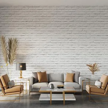 Design of room interior with sofa in front of the white brick wall, 3d render Stock Illustration