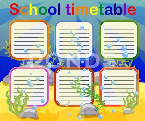 Design of the school timetable for kids. Bright underwater background for the Stock Illustration