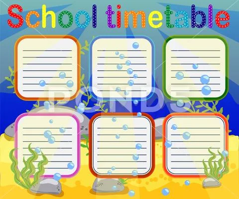 Design of the school timetable for kids. Bright underwater background for the Stock Illustration
