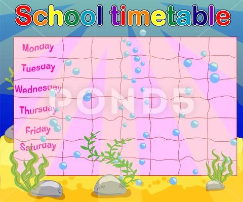 Design of the school timetable for kids. Bright underwater background for the Stock Illustration