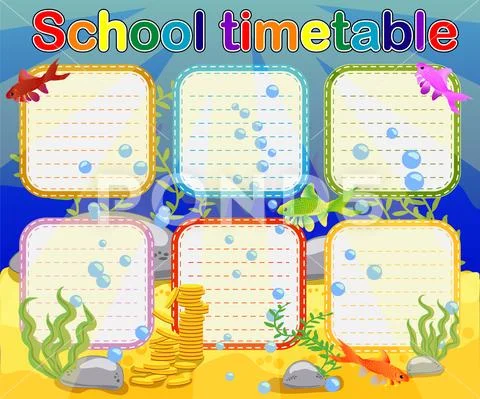 Design of the school timetable for kids. Bright underwater background for the Stock Illustration