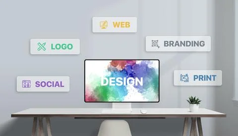 Design screen on desk surrounded by floating icons Stock Photos