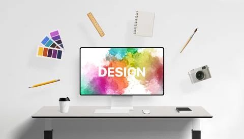 Design screen surrounded by floating creative tools like pencil Stock Photos