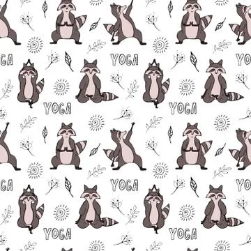 Design seamless pattern with hand drawn raccoon in yoga asana. Stock Illustration