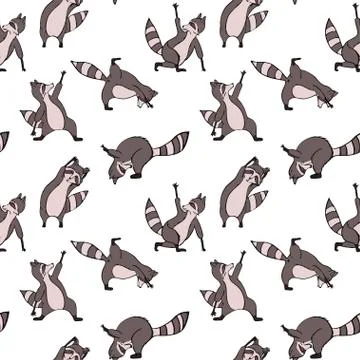 Design seamless pattern with hand drawn raccoon in yoga asana. Stock Illustration