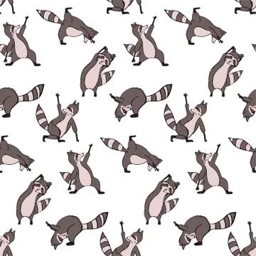 Design seamless pattern with hand drawn raccoon in yoga asana. Stock Illustration