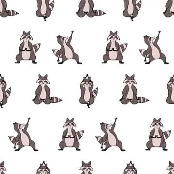 Design seamless pattern with hand drawn raccoon in yoga asana. Stock Illustration