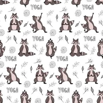Design seamless pattern with hand drawn raccoon in yoga asana. Stock Illustration
