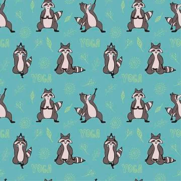 Design seamless pattern with hand drawn raccoon in yoga asana. Stock Illustration