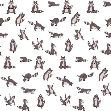 Design seamless pattern with hand drawn raccoon in yoga asana. Stock Illustration