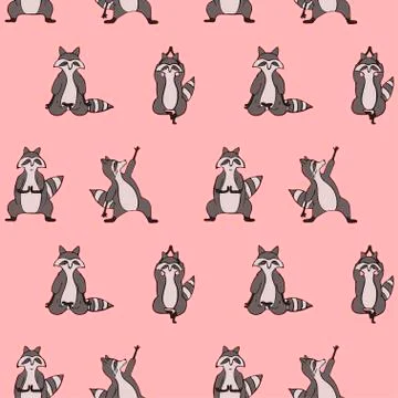 Design seamless pattern with hand drawn raccoon in yoga asana. Stock Illustration