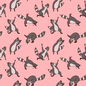 Design seamless pattern with hand drawn raccoon in yoga asana. Stock Illustration