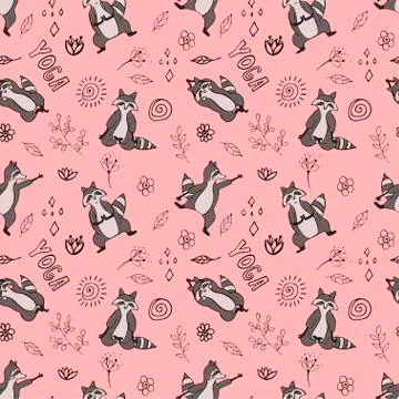 Design seamless pattern with hand drawn raccoon in yoga asana. Stock Illustration