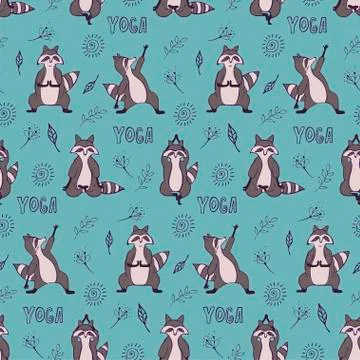 Design seamless pattern with hand drawn raccoon in yoga asana. Stock Illustration