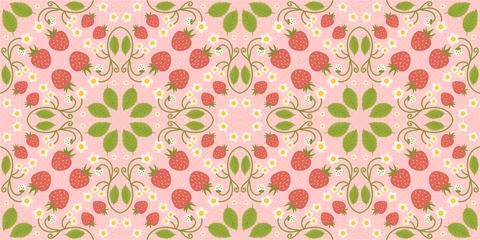 Design of a seamless strawberry pattern with adorable berries, flowers, green Stock Illustration