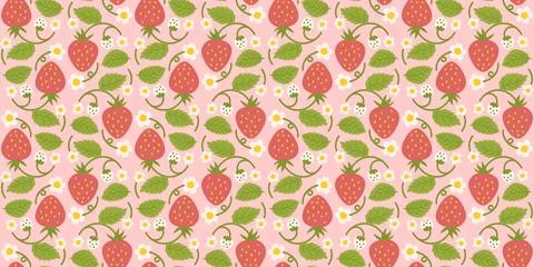 Design of a seamless strawberry pattern with adorable berries, flowers, gre.. Stock Illustration