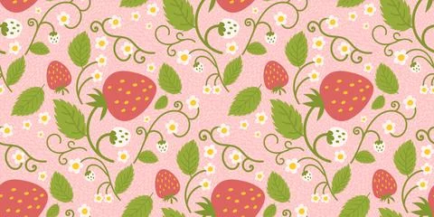 Design of a seamless strawberry pattern with adorable berries, flowers, green Stock Illustration