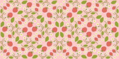 Design of a seamless strawberry pattern with charming berries, flowers, green Stock Illustration