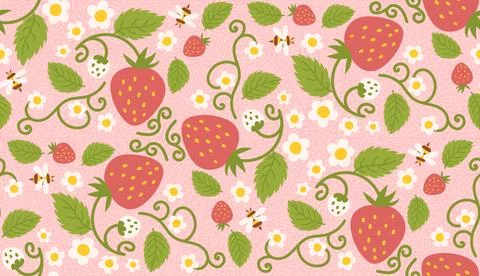 Design of a seamless strawberry pattern with charming berries, flowers, green Stock Illustration