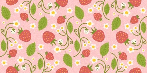Design of a seamless strawberry pattern with charming berries, flowers, green Stock Illustration