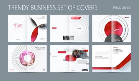 Design set of abstract double-page brochure with colourful circles, quares Stock Illustration