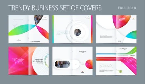 Design set of abstract double-page brochure with colourful circles, quares Stock Illustration