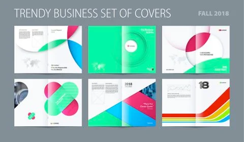 Design set of abstract double-page brochure with colourful circles, quares Stock Illustration