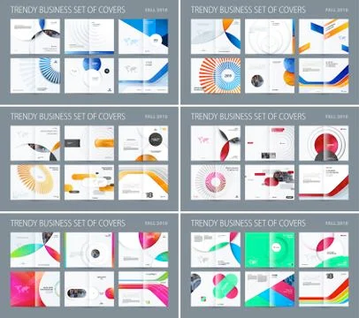 Design set of abstract double-page brochure with colourful circles, quares Stock Illustration