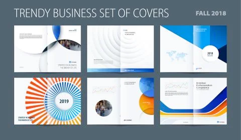 Design set of abstract double-page brochure with blue orange colourful circles Stock Illustration