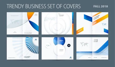 Design set of abstract double-page brochure with colourful circles, quares Stock Illustration