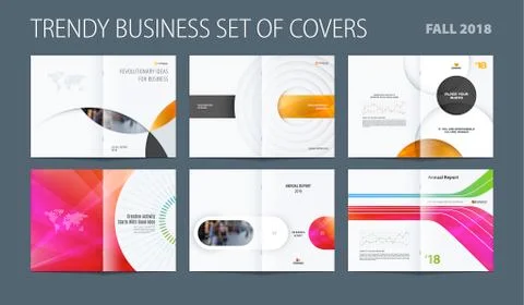 Design set of abstract double-page brochure with colourful circles, quares Stock Illustration