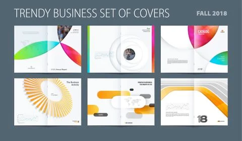 Design set of abstract double-page brochure with colourful circles, quares Stock Illustration