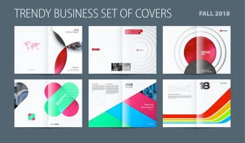 Design set of abstract double-page brochure with colourful circles, quares Stock Illustration