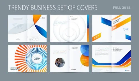 Design set of abstract double-page brochure with colourful circles, quares Stock Illustration