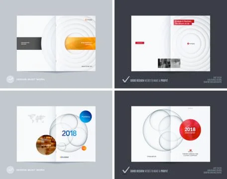 Design set of abstract double-page brochure with colourful circles, quares Stock Illustration