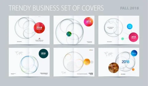 Design set of abstract double-page brochure with colourful circles, quares Stock Illustration