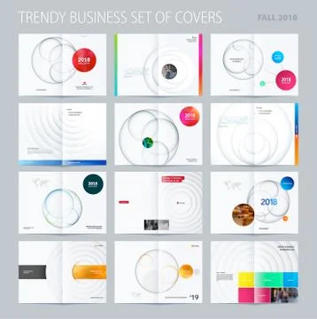 Design set of abstract double-page brochure with colourful circles, quares Stock-Illustration