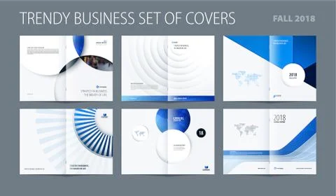 Design set of blue abstract double-page brochure with colourful circles, quares Stock Illustration
