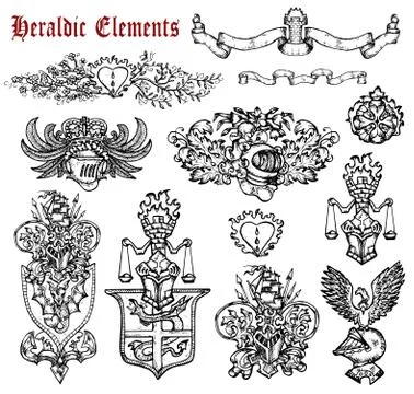 Design set with heraldic elements isolated on white. Stock Illustration