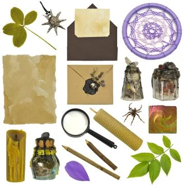 Design set with magic witch bottles, four-leaf clover, candle Stock Photos